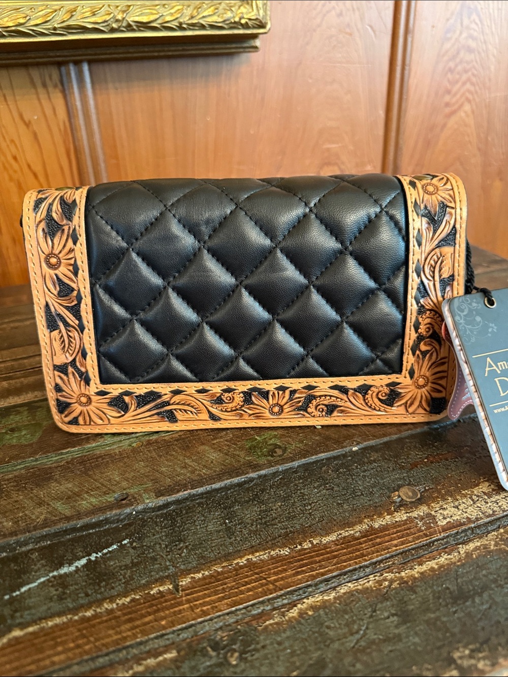 American Darling Black Quilted Wallet with Tan Hand-Tooled Floral Trim